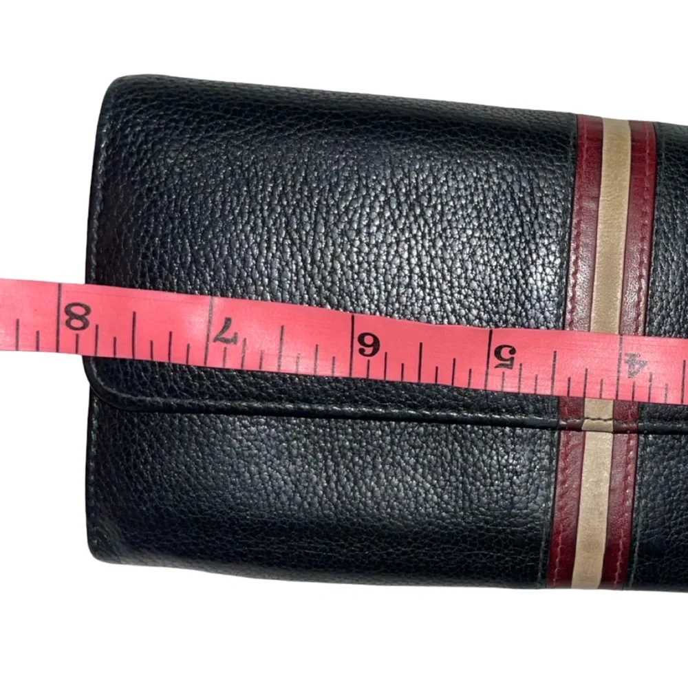 Bally black leather long wallet signature red and off-white stripe. 4x8